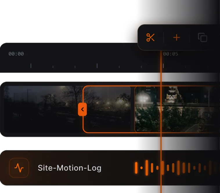 Video editing interface showing timeline with clips, scissors cut icon, and a waveform labeled Site-Motion-Log.